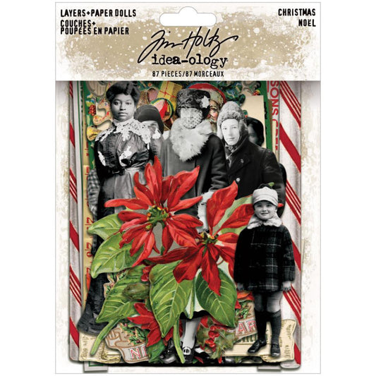 Paper Dolls and Layers - Christmas 2025 ... Idea-Ology by Tim Holtz (TH94449). 87 (eighty seven) die cut pieces printed on smooth cardstock with a matte finish. This beautiful curated collection of printed die cut paper pieces features loved friends and families, people posing, drummers drumming, crown wearing besties, labels, foliage, flowers, big numbers 2 and 5, red stars, Santa and the sleigh, frames, wonderful scenes, labels, branches, pine trees and much more.