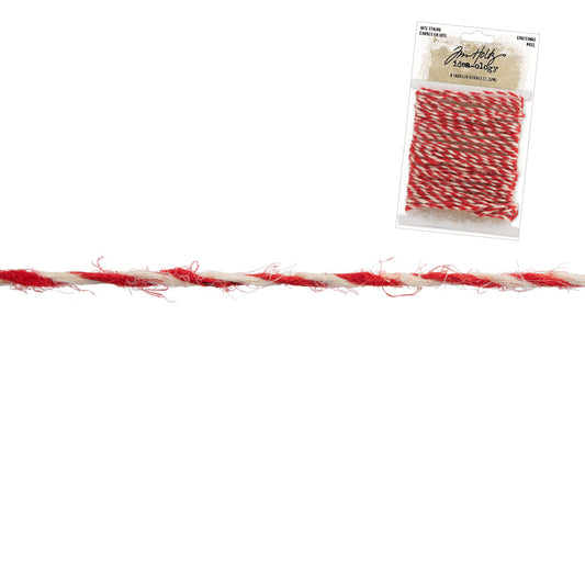 close up photo of Jute String, Red and White Twist, Christmas - by Tim Holtz Idea-Ology - One long length of natural jute (string, twine) twisted with the colours of red and white, to use for cardmaking, assemblage projects, off-the-page marvels and party decor. One length of 7.3 metres (8 yards) long.
Add to your project, off-the-page marvel, canvas or other artistic creation and attach using trimmings, fasteners or collage medium.