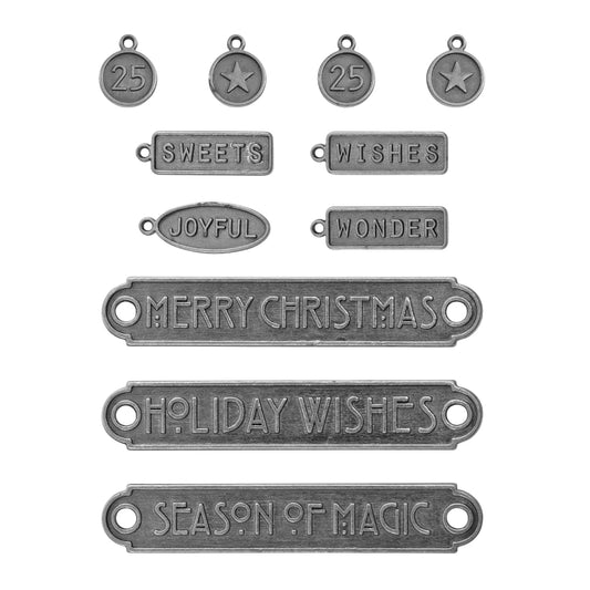 Christmas - Word Plaques and Tags ... Idea-Ology Metal Adornments by Tim Holtz ... variety of symbols and words on little metal pewter (polished antique silver) coloured tags (round, rectangle, oval) and plaques (long banners) to use with mixed media, cardmaking, papercraft, scrapbooking and visual arts. 11 (eleven) designs (one of each), sized from 8mm round tags to 60mm long banners.