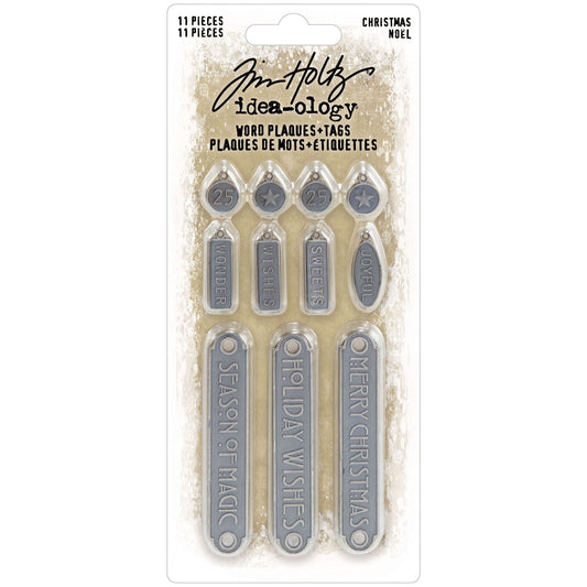 Christmas - Word Plaques and Tags ... Idea-Ology Metal Adornments by Tim Holtz ... variety of symbols and words on little metal pewter (polished antique silver) coloured tags (round, rectangle, oval) and plaques (long banners) to use with mixed media, cardmaking, papercraft, scrapbooking and visual arts. 11 (eleven) designs (one of each), sized from 8mm round tags to 60mm long banners.