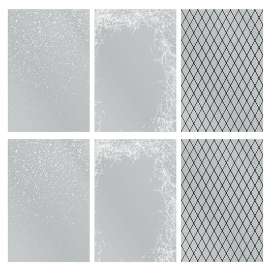overview of Transparencies, Christmas Window Backdrops ... by Tim Holtz Idea-Ology - Transparent (clear) acetate printed with white wintery patterns and diagonal criss crossed lines to use for party decor, papercrafts, mixed media, cardmaking, assemblage projects, scrapbooking, journaling and visual arts. 6 (six) sheets, 3 designs, 2 of each. What looks grey is crystal clear,