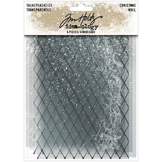 Transparencies, Christmas Window Backdrops ... by Tim Holtz Idea-Ology - Transparent (clear) acetate printed with white wintery patterns and diagonal criss crossed lines to use for party decor, papercrafts, mixed media, cardmaking, assemblage projects, scrapbooking, journaling and visual arts. 6 (six) sheets, 3 designs, 2 of each.
