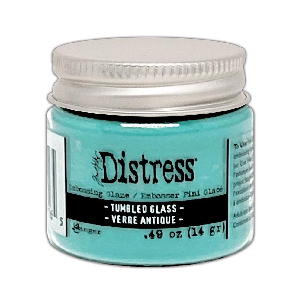 Tumbled Glass Distress Embossing Glaze by Tim Holtz and Ranger. Distress Embossing Glaze is a fine embossing powder that once melted with a heat tool, creates a colourful tinted semi translucent and slightly textured glazing effect (like a varnish or enamel). Ideal for lettering, stamped images, stenciled areas, abstracts, backgrounds, cardmaking, mixed media, visual arts. Layer over other Distress inks, paints and stains for an unlimited colour palette.