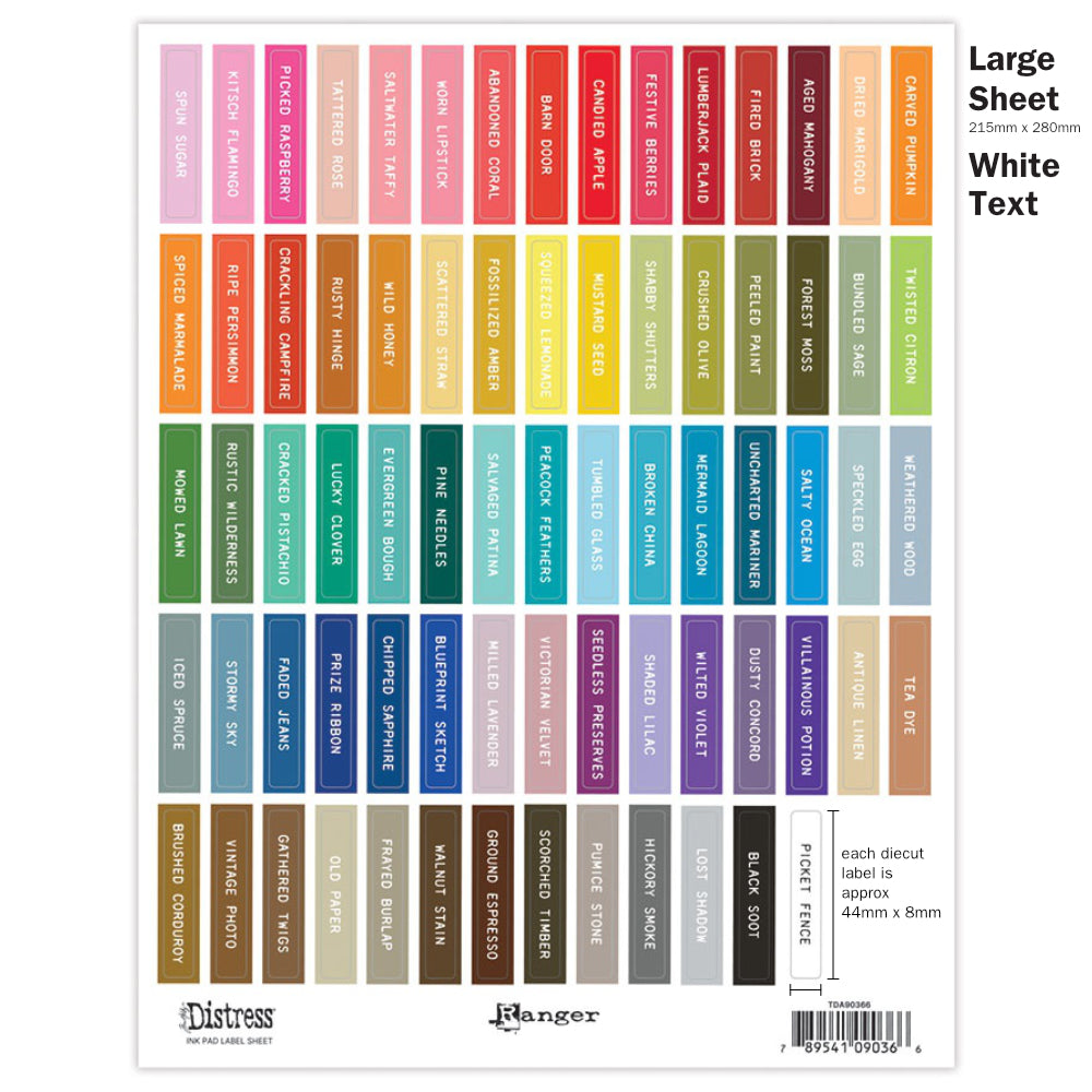 Image showing the Large Sheet of Rectangles with White Text. Tim Holtz Distress® Labels are designed in two text colour styles (black or white) to suit your own needs or decor. Each text colour style is available in four designs - small round (for sprays, inside tins or palette trays), large round (for paints, embossing glazes), small rectangle (for mini ink pads, archival ink pads, pencils, crayons, inside storage tins), large rectangle (for regular sized ink pads, crayons).