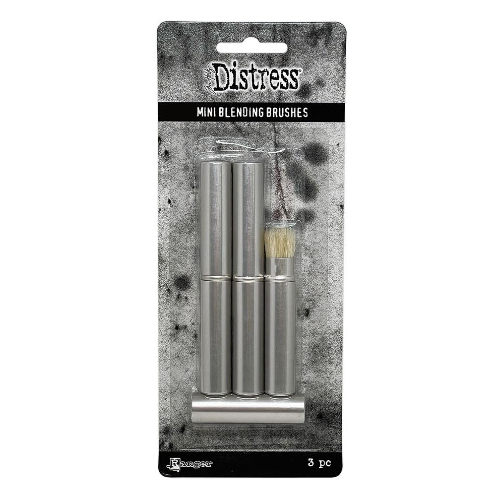 Mini Distress Blending Brush (3 pack) ... by Tim Holtz. Natural bristle brush with retractable silver coloured casing and lid. 3 (three) brushes.
Tim's fantastic retractable blending brush has been miniaturised for those smaller projects, finer details and intricate patterns on stencils, embossing folders, stamps and more.
The bristles are similar to the traditional stencil brush (rounded on the tip rather than flat, perfect for fine details) all encased in a silver coloured metal retractable cylinder.