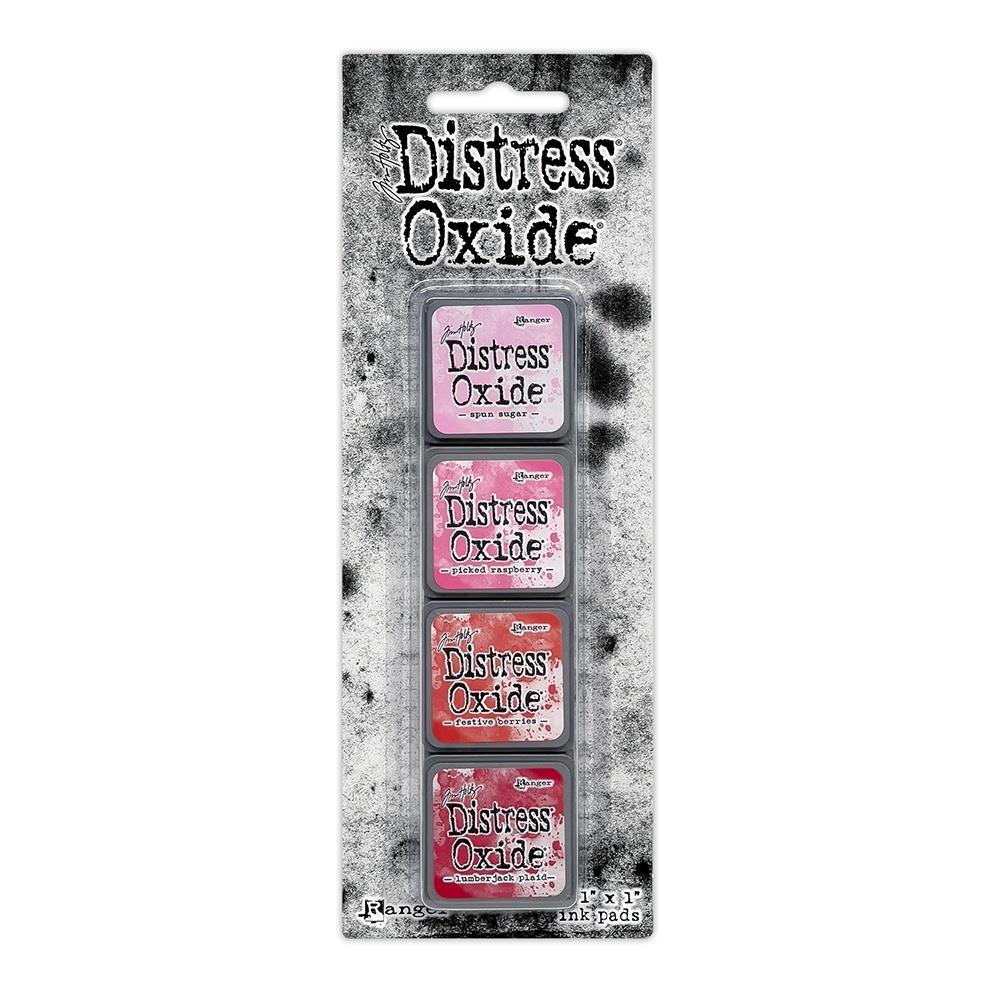 Mini Distress Oxide Ink Pads - Set 1 - by Tim Holtz and Ranger ... featuring water-reactive dye and pigment ink fusion that creates an oxidised effect when spattered, stamped, brushed and or sprayed with water. The colours are opaque and dry with a soft matte finish. Set of 4 (four) colours, one of each (TDIK91479).
Colours in this set are ...
- Spun Sugar
- Picked Raspberry
- Festive Berries
- Lumberjack Plaid
... one of each colour.