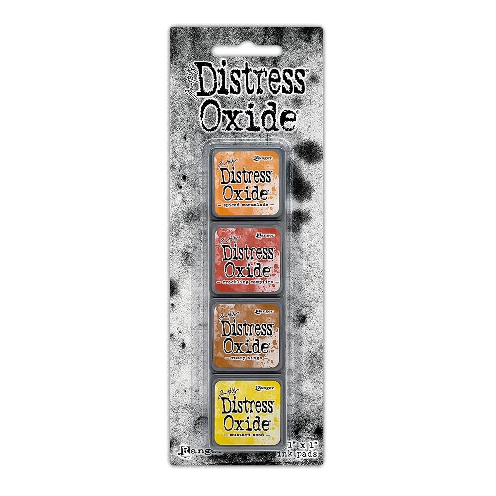 Mini Distress Oxide Ink Pads - Set 2 - by Tim Holtz and Ranger ... featuring water-reactive dye and pigment ink fusion that creates an oxidised effect when spattered, stamped, brushed and or sprayed with water. The colours are opaque and dry with a soft matte finish. Set of 4 (four) colours, one of each (TDIK91486).
Colours in this set are ...
- Spiced Marmalade
- Crackling Campfire
- Rusty Hinge
- Mustard Seed
... one of each colour.