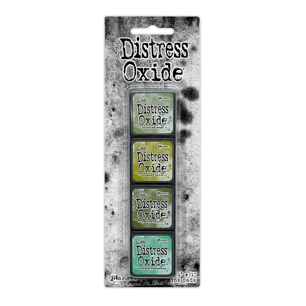 Mini Distress Oxide Ink Pads - Set 3 - by Tim Holtz and Ranger ... featuring water-reactive dye and pigment ink fusion that creates an oxidised effect when spattered, stamped, brushed and or sprayed with water. The colours are opaque and dry with a soft matte finish. Set of 4 (four) colours, one of each (TDIK91493).
Colours in this set are ...
- Bundled Sage
- Crushed Olive
- Peeled Paint
- Cracked Pistachio
... one of each colour.