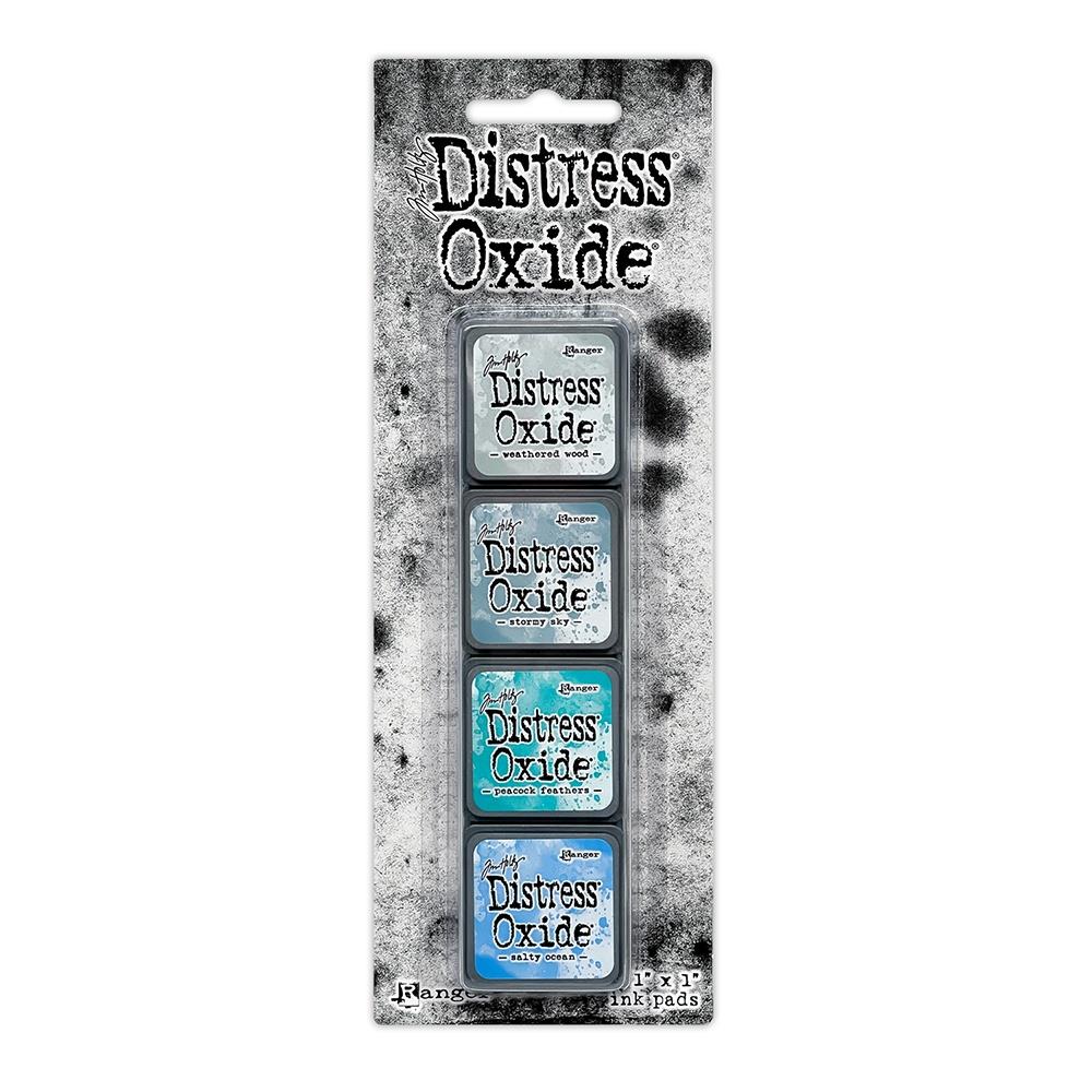 Mini Distress Oxide Ink Pads - Set 4 - by Tim Holtz and Ranger ... featuring water-reactive dye and pigment ink fusion that creates an oxidised effect when spattered, stamped, brushed and or sprayed with water. The colours are opaque and dry with a soft matte finish. Set of 4 (four) colours, one of each (TDIK91509).
Colours in this set are ...
- Weathered Wood
- Stormy Sky
- Peacock Feathers
- Salty Ocean
... one of each colour.
