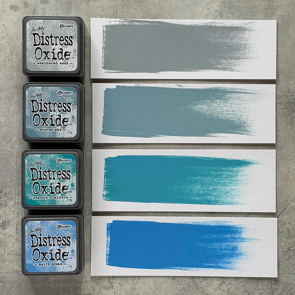 Mini Distress Oxide Ink Pads - Set 4 - by Tim Holtz and Ranger ... featuring water-reactive dye and pigment ink fusion that creates an oxidised effect when spattered, stamped, brushed and or sprayed with water. The colours are opaque and dry with a soft matte finish. Set of 4 (four) colours, one of each (TDIK91509).
Colours in this set are ...
- Weathered Wood
- Stormy Sky
- Peacock Feathers
- Salty Ocean
... one of each colour.