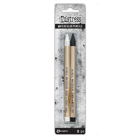 Woodless Watercolour Pencils in Distress colours - Black Soot (charcoal black) and Picket Fence (white) ... by Tim Holtz and Ranger. 2 (two) woodless watercolour pencils, one of each colour, approx 5" long.  Photo of the duo, pair of pencils in packaging.