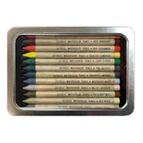 Woodless Watercolour Pencils in Distress colours, set 5 ... by Tim Holtz and Ranger. 12 (twelve) woodless watercolour pencils in Worn Lipstick, Aged Mahogany, Ripe Persimmon, Squeezed Lemonade, Lucky Clover, Pine Needles, Uncharted mariner, Weathered Wood, Milled Lavender, Gathered Twigs, Old Paper, Pumice Stone. One of each colour, approx 5" long. Photo showing a tin of pencils.