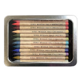 Woodless Watercolour Pencils in Distress colours, set 6 ... by Tim Holtz and Ranger. 12 (twelve) woodless watercolour pencils in Spun Sugar, Abandoned Coral, Lumberjack Plaid, Dried Marigold, Forest Moss, Bundled Sage, Broken China, Stormy Sky, Blueprint Sketch, Dusty Concord, Brushed Corduroy, Lost Shadow. One of each colour, approx 5" long. Photo of the tin of pencils, no label.
