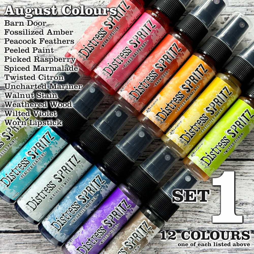 Distress Spritz ... by Tim Holtz and Ranger - a pearlised Distress ink fusion of colourful mica pigment and clear medium to create a shimmery splattery effect on paper and card surfaces. Each bottle contains 1 fl oz (29ml) with a fine sprayer nozzle and easy to hold container. Enjoy adding Distress Spritz shimmery effects with cardmaking, scrapbooking, mixed media and journaling. Photo of all 12 colours released August 2024 named Set One.