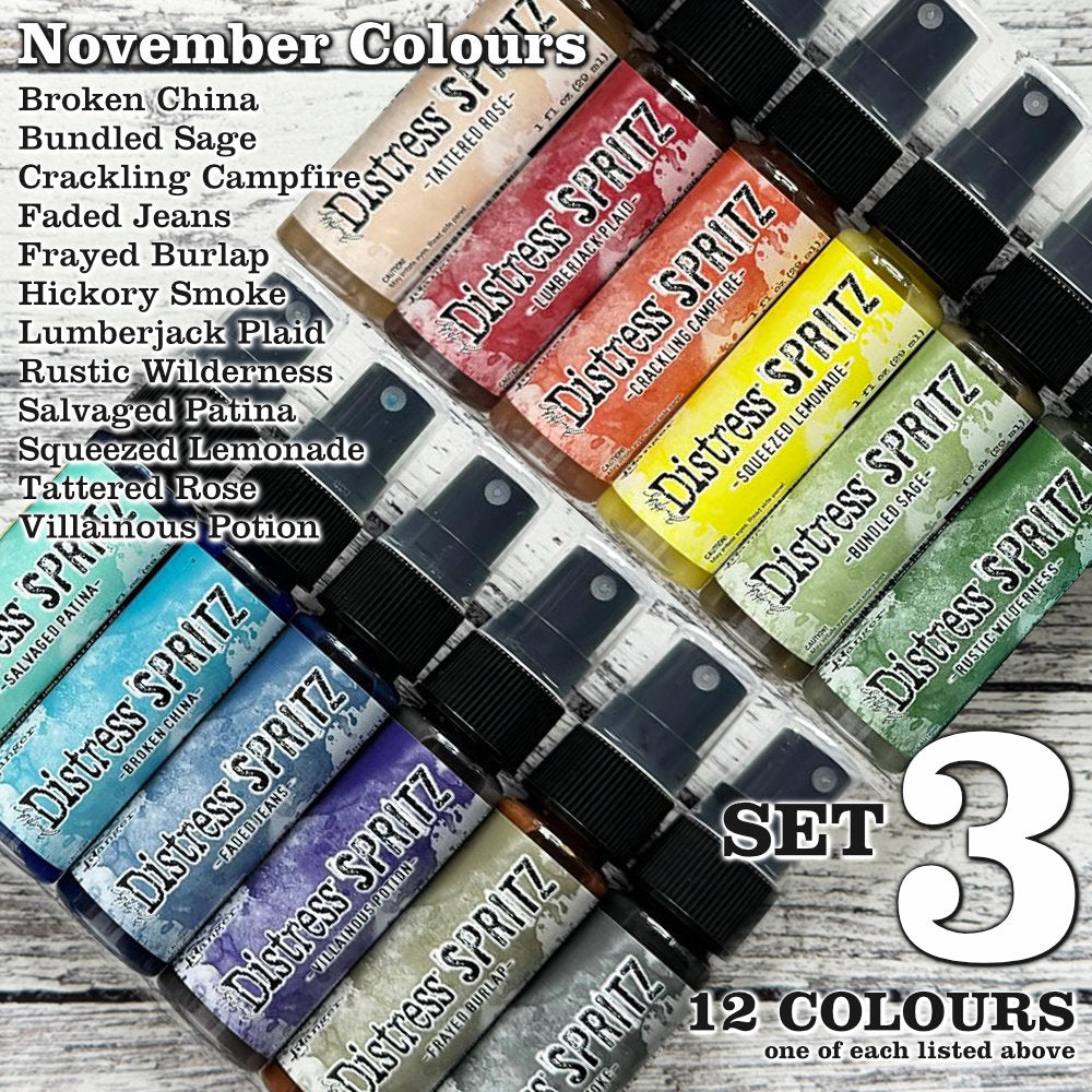 Distress Spritz ... by Tim Holtz and Ranger - a pearlised Distress ink fusion of colourful mica pigment and clear medium to create a shimmery splattery effect on paper and card surfaces. Each bottle contains 1 fl oz (29ml) with a fine sprayer nozzle and easy to hold container. Enjoy adding Distress Spritz shimmery effects with cardmaking, scrapbooking, mixed media and journaling. Photo of all 12 colours released November 2024 named Set Three.