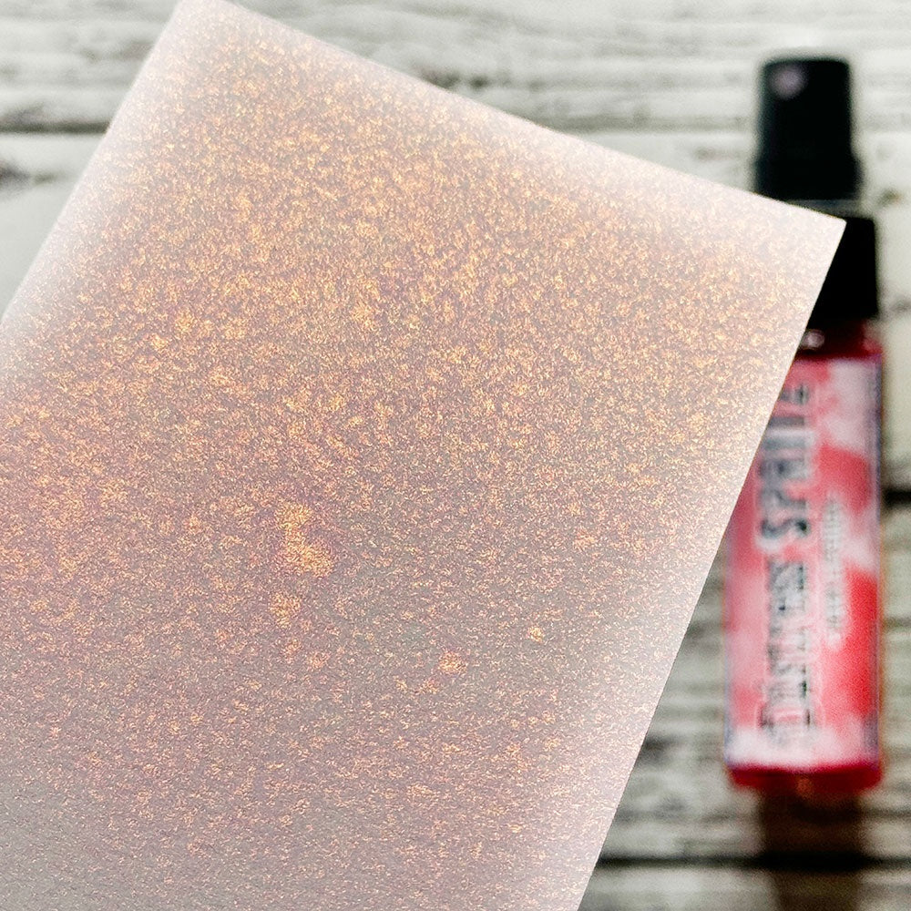 swatch of Worn Lipstick - Distress Spritz ... by Tim Holtz and Ranger - a pearlized Distress ink fusion of colourful mica pigment and clear medium to create a shimmery splattery effect on paper and card surfaces. Each bottle contains 1 fl oz (29ml) with a fine sprayer nozzle and easy to hold container. Enjoy adding Distress Spritz shimmery effects with cardmaking, scrapbooking, mixed media and journaling.