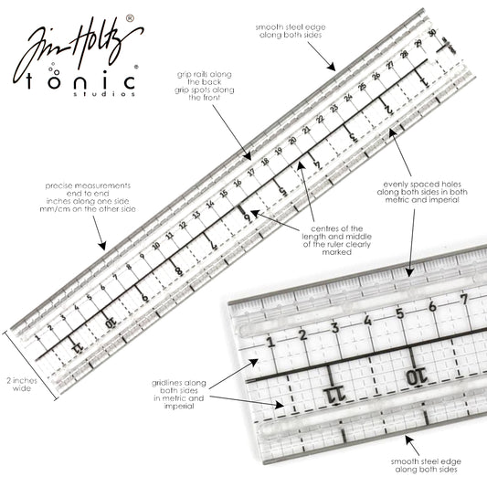Image showing the details with notations of the Tim Holtz Tonic Studios Steel Edged Ruler - This 2 inch wide Tim Rule has steel cutting edges on both long sides, metric and imperial measurements (centimetres, millimetres and inches), centre guide marks, integrated holes at 5mm intervals to use with craft pics or a pencil, has grip rails for stability and is clear for easy placement and measuring. A ruler that is durable, stylish and practical.