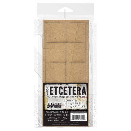 Small Mosaic Tiles - Etcetera by Tim Holtz and Stampers Anonymous (THETC019) ... Sturdy thickboard substrate for dimensional creativity - 10 (ten) small squares (1 1/2" x 1 1/2") and 10 (ten) small rectangles (1 1/2"x3"), plus 3 (three) outer frames, each 3mm thick.  Create marvellous dimensional makes like frames, boxes, trays, tiled backgrounds, and other visual arts projects. Use these artboards to create just about any off-the-page project you can imagine!