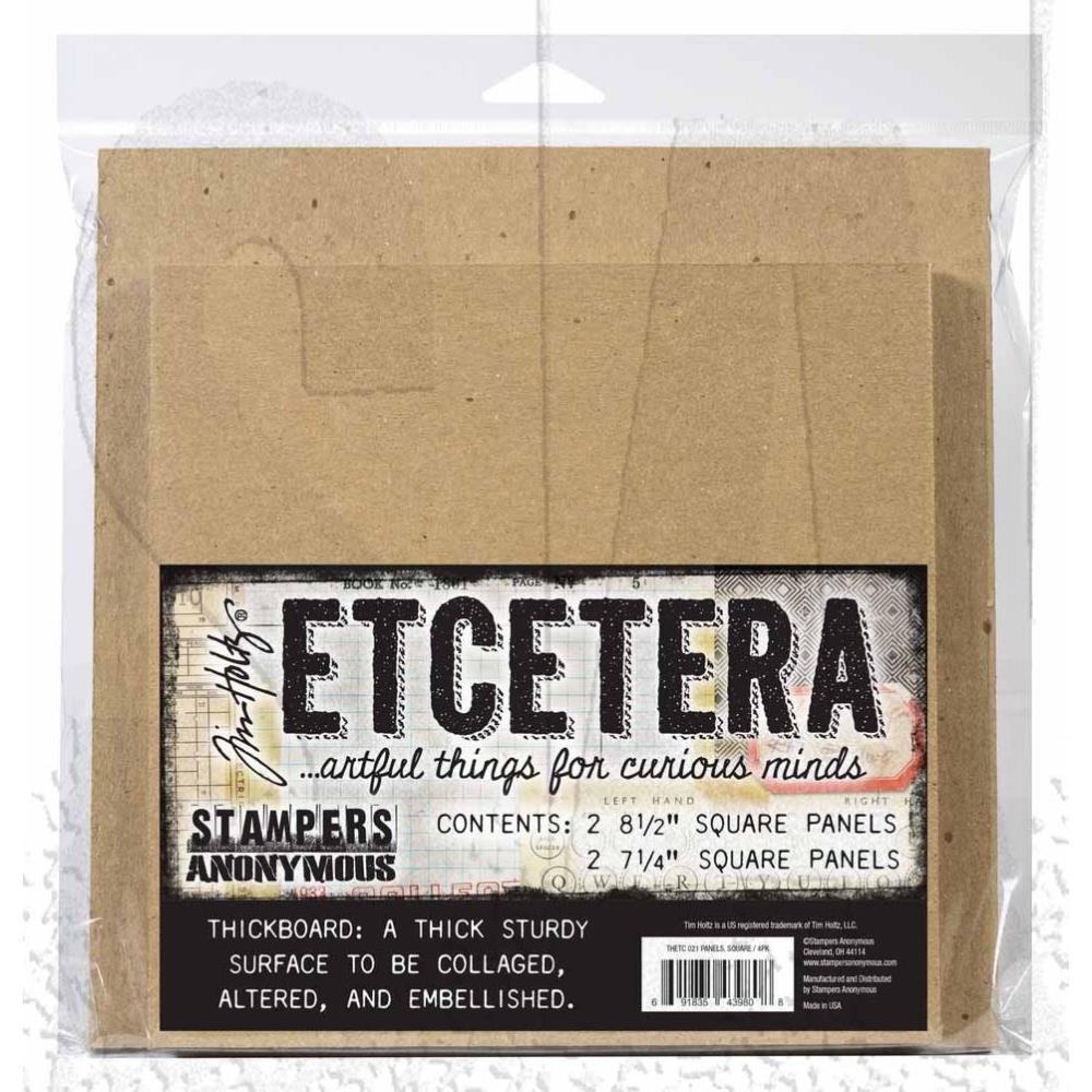 Square Panels - Etcetera by Tim Holtz and Stampers Anonymous (THETC021) ... Sturdy thickboard substrate for dimensional creativity - 4 (four) large squares, 2 (two) of each size, 7 1/4" x 7 1/4" and 8 1/2" x 8 1/2", each 3mm thick. Create marvellous dimensional makes like frames, boxes, trays, tiled backgrounds, and other visual arts projects. Use these artboards to create just about any off-the-page project you can imagine!