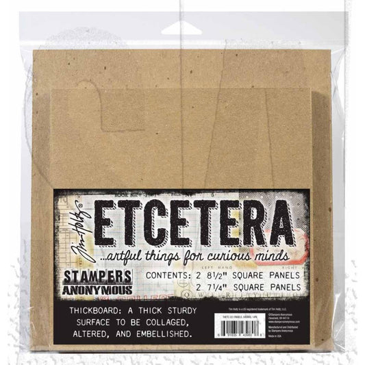 Square Panels - Etcetera by Tim Holtz and Stampers Anonymous (THETC021) ... Sturdy thickboard substrate for dimensional creativity - 4 (four) large squares, 2 (two) of each size, 7 1/4" x 7 1/4" and 8 1/2" x 8 1/2", each 3mm thick.  Create marvellous dimensional makes like frames, boxes, trays, tiled backgrounds, and other visual arts projects. Use these artboards to create just about any off-the-page project you can imagine!