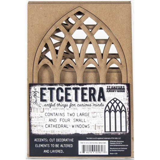 Cathedral Windows - Etcetera by Tim Holtz ... Thickboard artboards with cutout leadlight patterns on an arched shape with rectangle frame. Ideal to use for decorative elements, altering and creating visual arts. Set comprises of 4 (four) small windows, 2 (two) large windows, each 3mm thick, overall base is 4 1/2" x 6 3/4". Total of 6 (six) pieces. Made by Stampers Anonymous with Tim Holtz. THETC015. Photo of the pack.