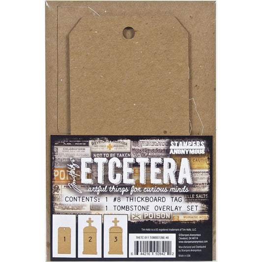 Tombstone Kit, Size 8 Tag - Etcetera Thickboards ... by Tim Holtz and Stampers Anonymous. 1 (one) tag 6 1/4" x 3" x 1/8" in size with a gravestone overlay kit of top, frame and base. Perfect for all kinds of Halloween wallart, gift tags, bases for dioramas, home decor and visual arts. Tim Holtz Etcetera tags are artful things for curious minds! Tim Holtz Etcetera Thickboard is a kraft brown hardboard substrate, compressed cardboard, feels like wood.