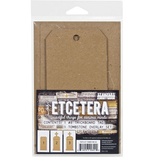 Tombstone Kit, Size 8 Tag - Etcetera Thickboards ... by Tim Holtz and Stampers Anonymous. 1 (one) tag 6 1/4" x 3" x 1/8" in size with a gravestone overlay kit of top, frame and base. Perfect for all kinds of Halloween wallart, gift tags, bases for dioramas, home decor and visual arts. Tim Holtz Etcetera tags are artful things for curious minds! Tim Holtz Etcetera Thickboard is a kraft brown hardboard substrate, compressed cardboard, feels like wood.