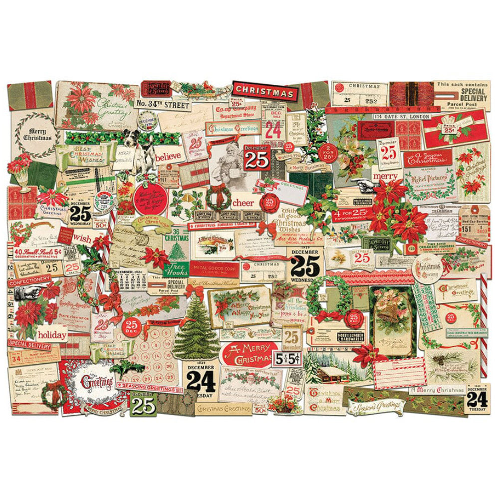 Christmas Ephemera ... by Tim Holtz Idea-Ology - A festive selection of vintage illustrations of trees, labels, poinsettia, holly, book covers, tickets, wreaths, bows and more, printed on lightweight matte paper, with each die cut with precision around each piece. Perfect for party decor, papercrafts, mixed media, cardmaking, assemblage projects, scrapbooking, journaling and visual arts. 167 pieces, assorted sizes and designs. TH94492