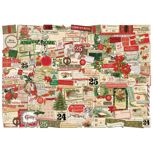 Christmas Ephemera ... by Tim Holtz Idea-Ology - A festive selection of vintage illustrations of trees, labels, poinsettia, holly, book covers, tickets, wreaths, bows and more, printed on lightweight matte paper, with each die cut with precision around each piece. Perfect for party decor, papercrafts, mixed media, cardmaking, assemblage projects, scrapbooking, journaling and visual arts. 167 pieces, assorted sizes and designs. TH94492