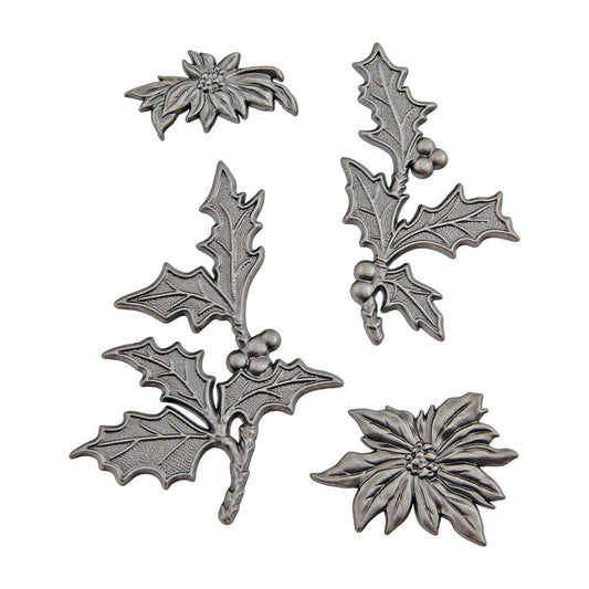 Festive Holly and Poinsettia ... Idea-Ology Metal Adornments by Tim Holtz. Beautifully detailed bright silver coloured metal pieces to use as embellishments for making art, mixed media, display makes, home decor, tags and cards, journal pages, book covers, scrapbooking, all kinds of visual creative arts. 4 (four) pieces, 1 of each design. TH94487. Photo of the pieces