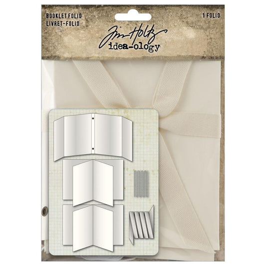 Booklet Folio ... by Tim Holtz Idea-Ology. 1 (one) blank prefolded bookmaking base made of creamy coloured mixed media heavystock - small book style booklet featuring 1 cover with flaps, 2 sections (each with 4 pages and stitched spines), length of twill tape and length of white thread. Use to make gifts, extended greeting card, an interactive junk journal, flip out in an altered book, a memory album or simply a fun crafty keepsake. TH94364