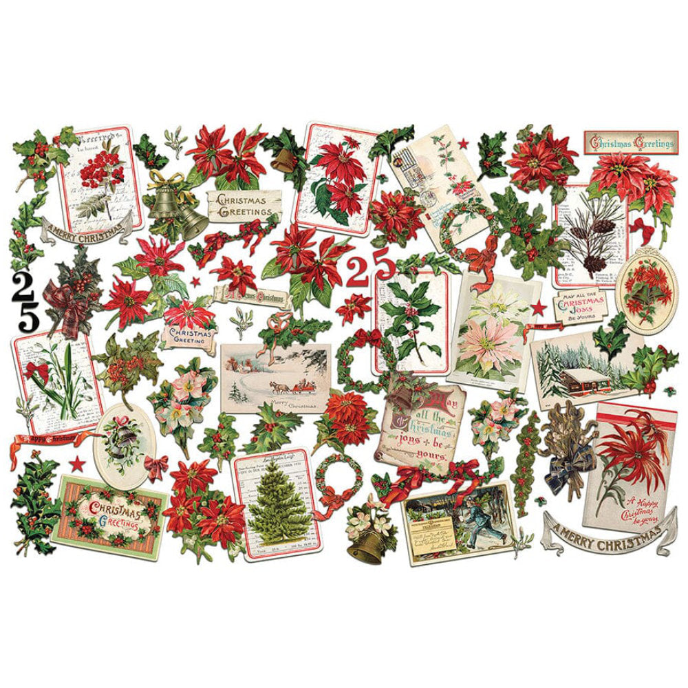 Botanical, Die Cut Christmas Layers ... by Tim Holtz Idea-Ology - A beautiful selection of vintage illustrations of flowers, holly, trees, poinsettia, mistletoe, labels and more, printed on medium weight paper with a satin finish, with each die cut with precision around each piece. Perfect for party decor, papercrafts, mixed media, cardmaking, assemblage projects, scrapbooking, journaling and visual arts. 83 pieces, assorted sizes and designs. TH94495
