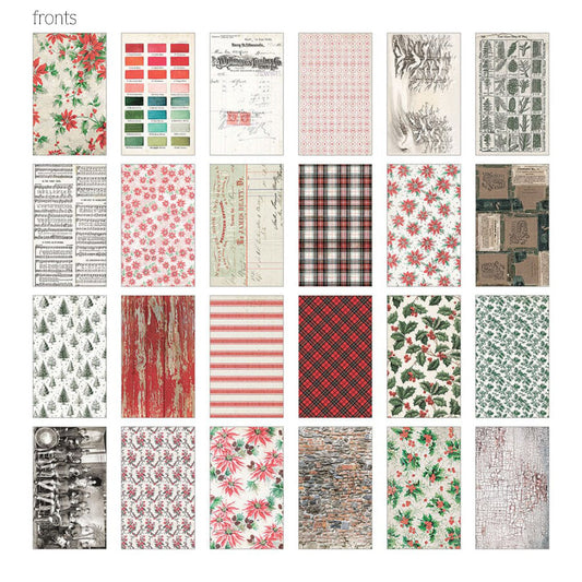 Backdrops, Christmas 2026 - Idea-Ology by Tim Holtz ... a wonderful collection of beautiful vintage designs inspired by all things festive and celebrated during December including poinsettia, palette backgrounds, holly and more. 24 printed sheets of double sided cardstock with a smooth finish. Sheet size is 6"x10". TH94488 . Image of 24 designs