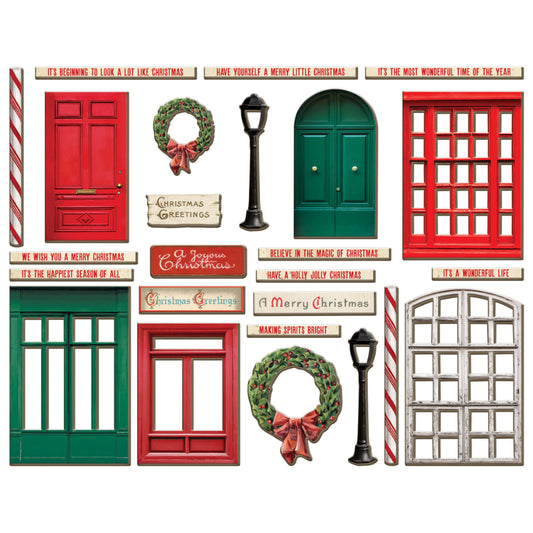overview of Christmas Baseboards ... by Tim Holtz Idea-Ology - A beautiful selection of vintage doors, windows, lamp posts, wreaths, lengths of heartfelt messages, labels and candy striping. Perfect for party decor, papercrafts, mixed media, cardmaking, assemblage projects, scrapbooking, journaling and visual arts. 25 (twenty five) chipboard pieces. TH94444