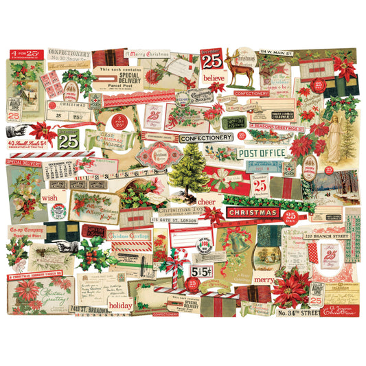 Christmas Ephemera ... by Tim Holtz Idea-Ology - a beautiful gathering of printed designs on quality paper, die cut ready for use. Vintage photo frames, labels, illustrations, memorabilia and salvaged finds for festive creativity, junk journals, books, scrapbooking, mixed media, cardmaking and other visual creative arts. This pack of beautiful bits and pieces has peppermint sticks, labels, antique book covers, wintery scenes, and more.