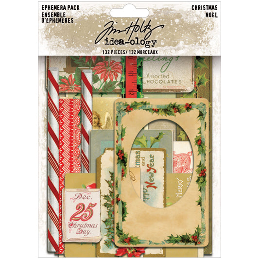 Christmas Ephemera ... by Tim Holtz Idea-Ology - a beautiful gathering of printed designs on quality paper, die cut ready for use. Vintage photo frames, labels, illustrations, memorabilia and salvaged finds for festive creativity, junk journals, books, scrapbooking, mixed media, cardmaking and other visual creative arts. This pack of beautiful bits and pieces has peppermint sticks, labels, antique book covers, wintery scenes, and more.