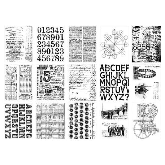 overview of Archives - Collage Paper ... by Tim Holtz Idea-Ology - 30 (thirty) sheets of fine tissue paper with black and white images, perfect for layering with collage, cardmaking, scrapbooking, journaling, mixed media and other papercrafts and visual arts. The designs in this set feature newsprint or typography, numbers (numerals), alphabets, labels, science imagery, scenes with people, collaged backgrounds, and typewriter keys. TH94366
