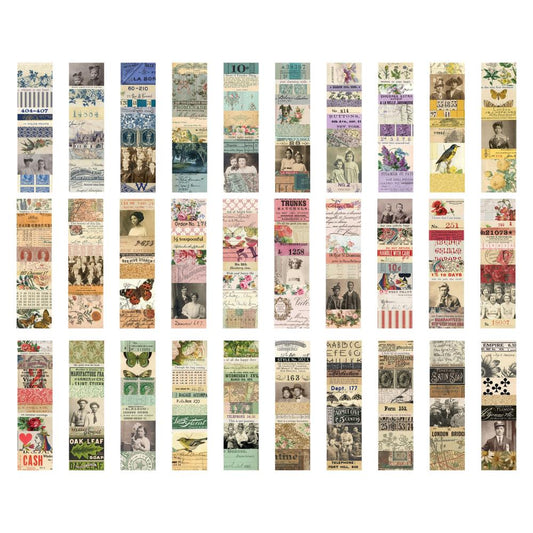 overview of Collage Strips, Large ... by Tim Holtz Idea-Ology - ephemera featuring vintage designs on lengths of paper. 30 (thirty) pieces, one of each design, 2 1/4" x 9" long (57mm x 225mm). Tim Holtz Idea-Ology Collage Strips (large) are a variety of vintage artwork, patterns, labels, flowers, words, colours and people, gathered together on large strips of single sided printed papers. Ready to use to create unique artwork, making cards, displaying photos, using as journal fodder. TH94367