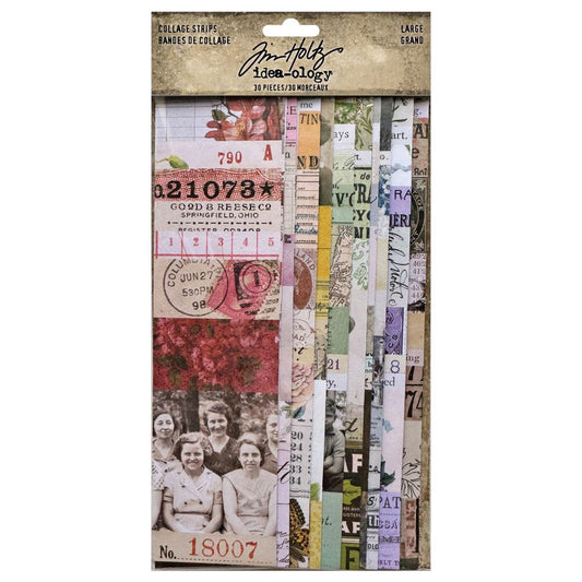 Collage Strips, Large ... by Tim Holtz Idea-Ology - ephemera featuring vintage designs on lengths of paper. 30 (thirty) pieces, one of each design, 2 1/4" x 9" long (57mm x 225mm). Tim Holtz Idea-Ology Collage Strips (large) are a variety of vintage artwork, patterns, labels, flowers, words, colours and people, gathered together on large strips of single sided printed papers. Ready to use to create unique artwork, making cards, displaying photos, using as collage fodder, memorabilia and visual arts. TH94367