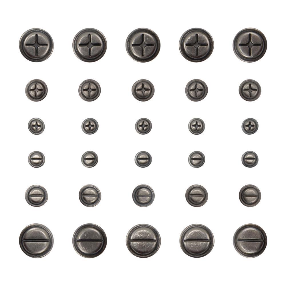 Screw Heads ... Idea-Ology Adornments by Tim Holtz. 30 (thirty) pieces designed to mimic the look of hardware, made of metal to use for mixed media, decorating ornaments, home decor makes and visual arts. Tim Holtz Idea-Ology Metal Adornments are finished in an antique style pewter colour. Ideal for all kinds of excuses to create - visual arts, sculpture, mixed media canvas, decorating trays, clocks, boxes and frames, bookmaking, junk journaling, scrapbooking. TH94371