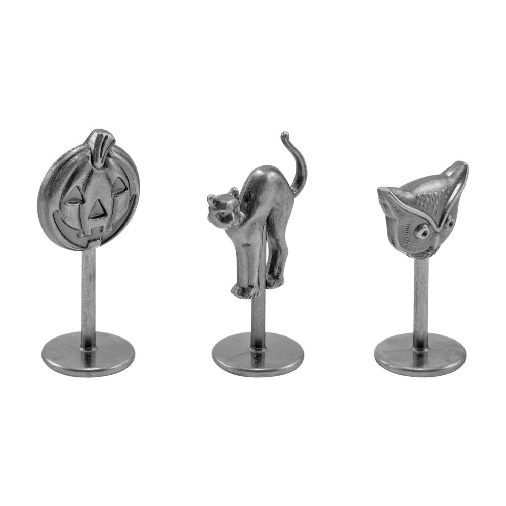 Figure Heads (set 3), Pumpkin, Cat, Owl ... Idea-Ology Adornments by Tim Holtz. Beautifully detailed silver coloured metal miniature models with stick/base stands to use as embellishments for display makes, mixed media, paper crafts, scrapbooking and visual arts. 6 (six) pieces (3 figures and 3 stands). TH94397.