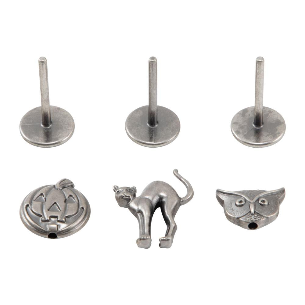 Figure Heads (set 3), Pumpkin, Cat, Owl ... Idea-Ology Adornments by Tim Holtz. Beautifully detailed silver coloured metal miniature models with stick/base stands to use as embellishments for display makes, mixed media, paper crafts, scrapbooking and visual arts. 6 (six) pieces (3 figures and 3 stands). TH94397. Showing pieces.