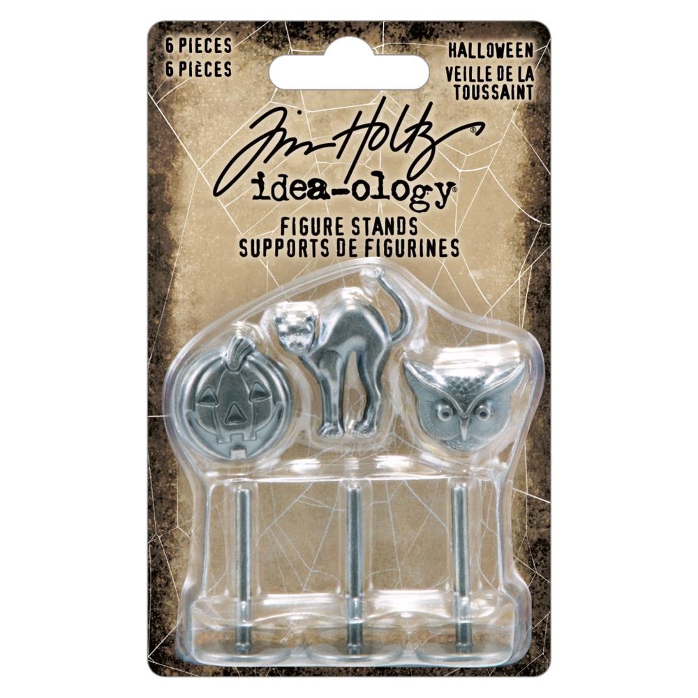Figure Heads (set 3), Pumpkin, Cat, Owl ... Idea-Ology Adornments by Tim Holtz. Beautifully detailed silver coloured metal miniature models with stick/base stands to use as embellishments for display makes, mixed media, paper crafts, scrapbooking and visual arts. 6 (six) pieces (3 figures and 3 stands). TH94397.
