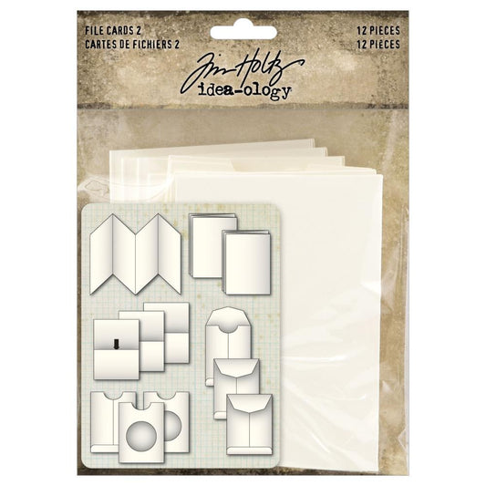 File Cards (set 2) ... by Tim Holtz Idea-Ology - smooth mixed media cardstock in the form of 12 (twelve) blank cards and envelopes, 4 (four) different styles (accordion or concertina booklet, pocket with hole, card with half-pocket, envelope), each 3" x 4" in size.  Tim Holtz Idea-Ology blank pieces are the perfect foundation for your next mixed-media make or addition to a scrapbooking page with all the flip out elements, ideal for storing and or displaying collage fodder, memorabilia and photos. TH94369