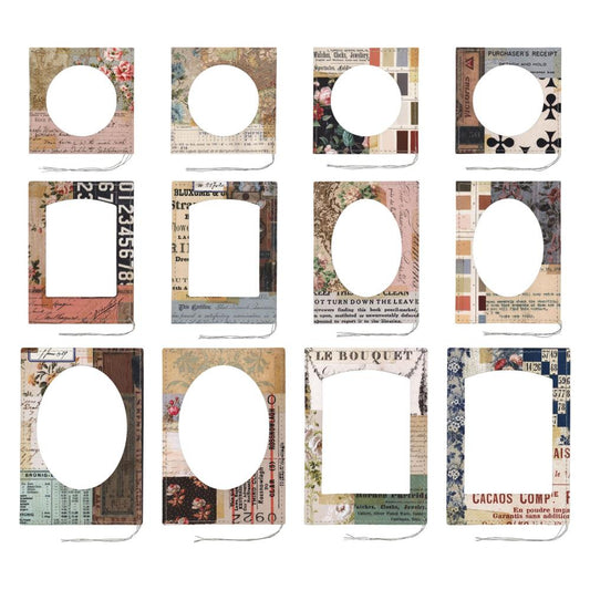 Overview of Tim Holtz Idea-Ology Layer Frames in 'Montage' feature vintage colour tones and collaged artwork on rectangle and square frames. Each frame has a cutout, either round, oval or arched, finished off with a simple running stitch around the edge. Use to create unique artwork, making cards, displaying photos, using as collage fodder, memorabilia and adding onto your marvellous makes. Packet of 12 pieces. TH94372