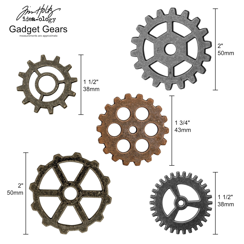 Gadget Gears ... Idea-Ology Adornments by Tim Holtz. Flat large metal cogs for use for mixed media, decorating books or displays, dioramas, off-the-page crafts, steampunk projects and creative visual arts. Pack of 5 (five) gears, one of each kind. Sizes (approx) : smallest two are 1 1/2" (38mm x 38mm), cog with round holes is 1 3/4" (43mm x 43mm), larger two cogs are 2" (50mm x 50mm) TH93297.