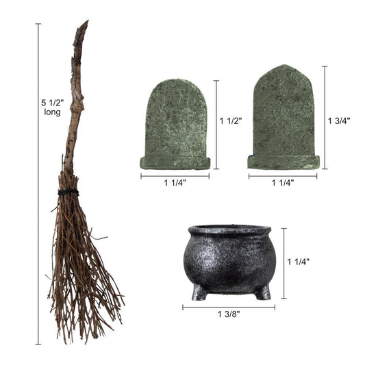 Graveyard - Cauldron, Broomstick and Headstones ... by Tim Holtz Idea-Ology - miniature models of Halloween essentials, moulded from durable resin and twigs. Use for mixed media, assemblage projects, off-the-page marvels and party decor. Pack of 4 (four) pieces, one of each. TH94337. Photo showing dimensions