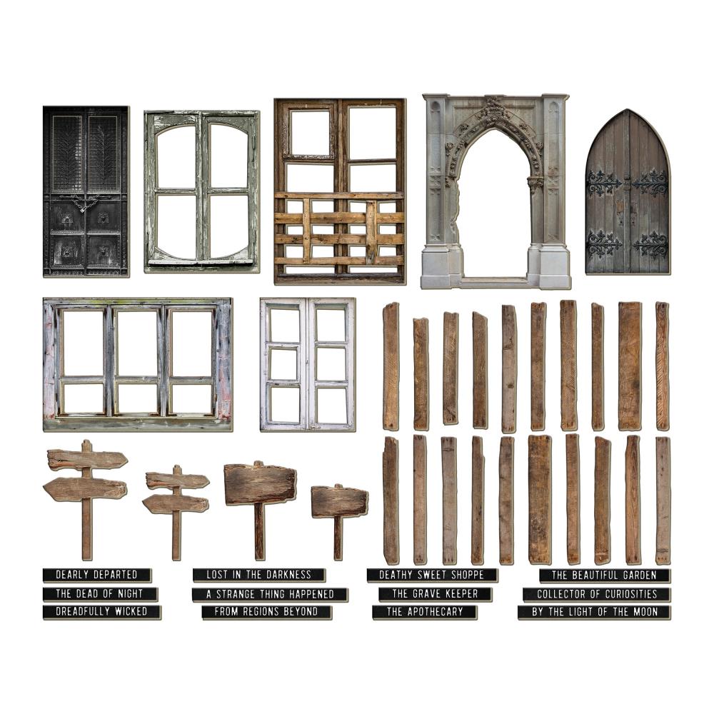 Baseboards, Halloween - Tim Holtz Idea-Ology ... die cut salvaged designs printed onto 2mm thick chipboard for use as an embellishment for cards, scrapbook pages, Vignette Box makes, visual arts of all kinds. This fantastic pack includes old doors, window frames, sign posts, driftwood panels and selection of quote strips (white type on a black background).TH94390