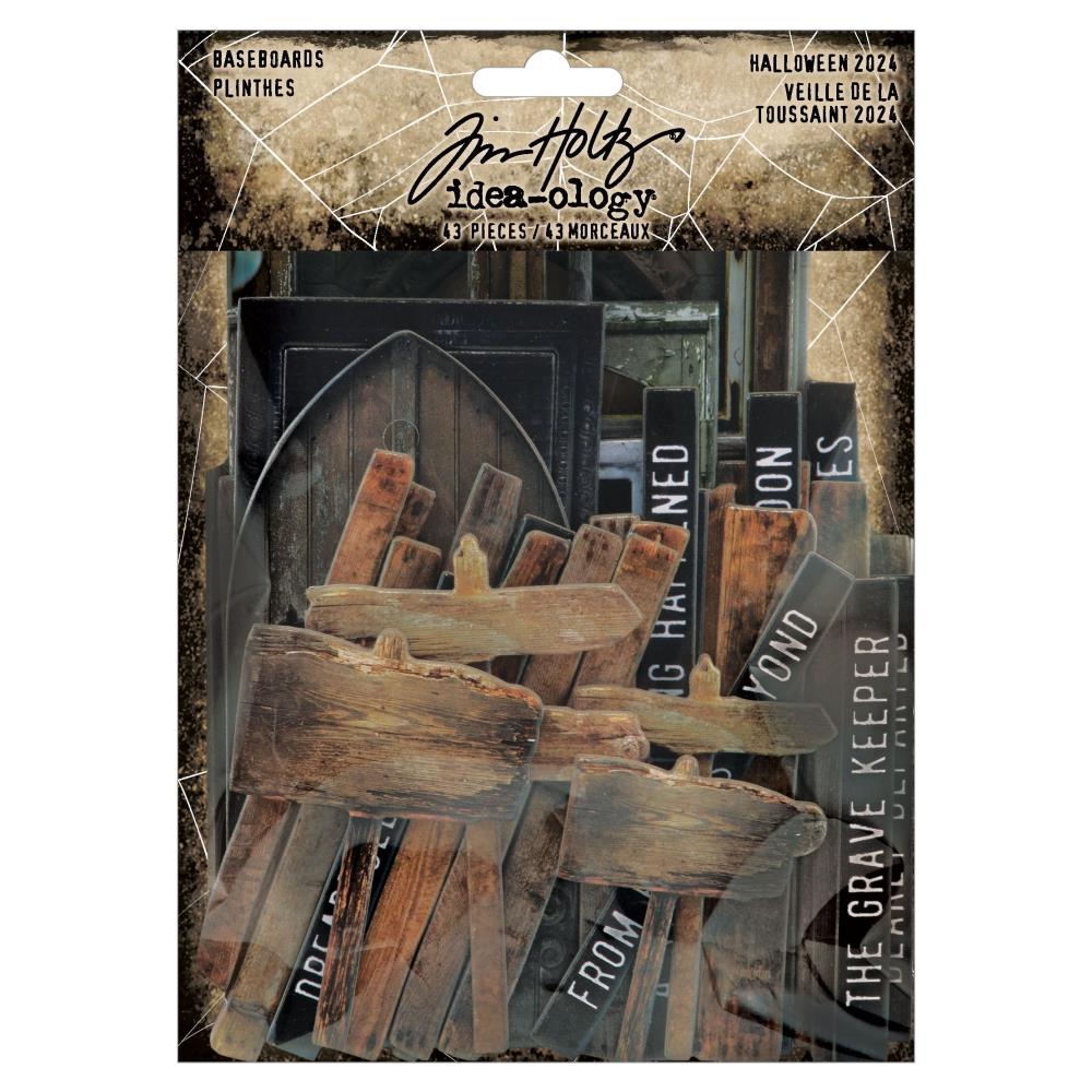 Baseboards, Halloween - Tim Holtz Idea-Ology ... die cut salvaged designs printed onto 2mm thick chipboard for use as an embellishment for cards, scrapbook pages, Vignette Box makes, visual arts of all kinds. This fantastic pack includes old doors, window frames, sign posts, driftwood panels and selection of quote strips (white type on a black background). TH94390
