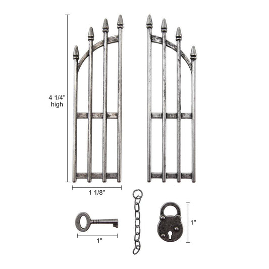 Gothic Gates - by Tim Holtz Idea-Ology - One pair of metal gates inspired by wrought iron fencing. Each gate, left and right, has a simple design with pointy posts plus a key, lock and short length of chain. Use for assemblage projects, off-the-page marvels and party decor. Pack of 5 (five) pieces. TH94343